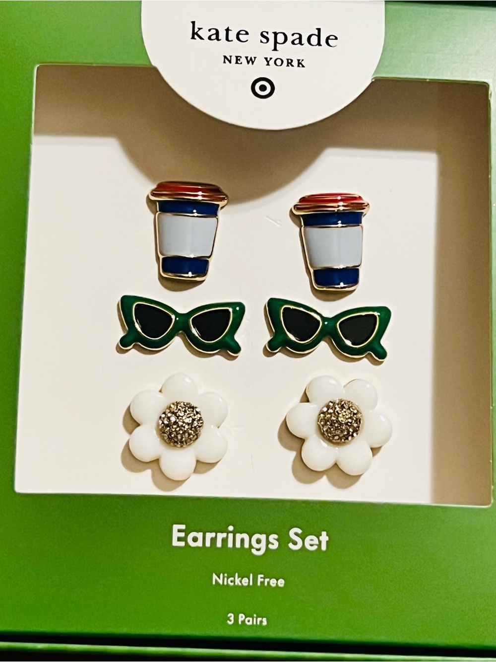 kate spade Sunglasses, Daisy & Cup 3-Pair Earring Set - Green, White, Blue. NWT - Picture 7 of 7